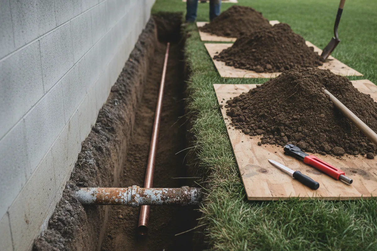 Excavated water line trench during Sewer Line Repair in Millville